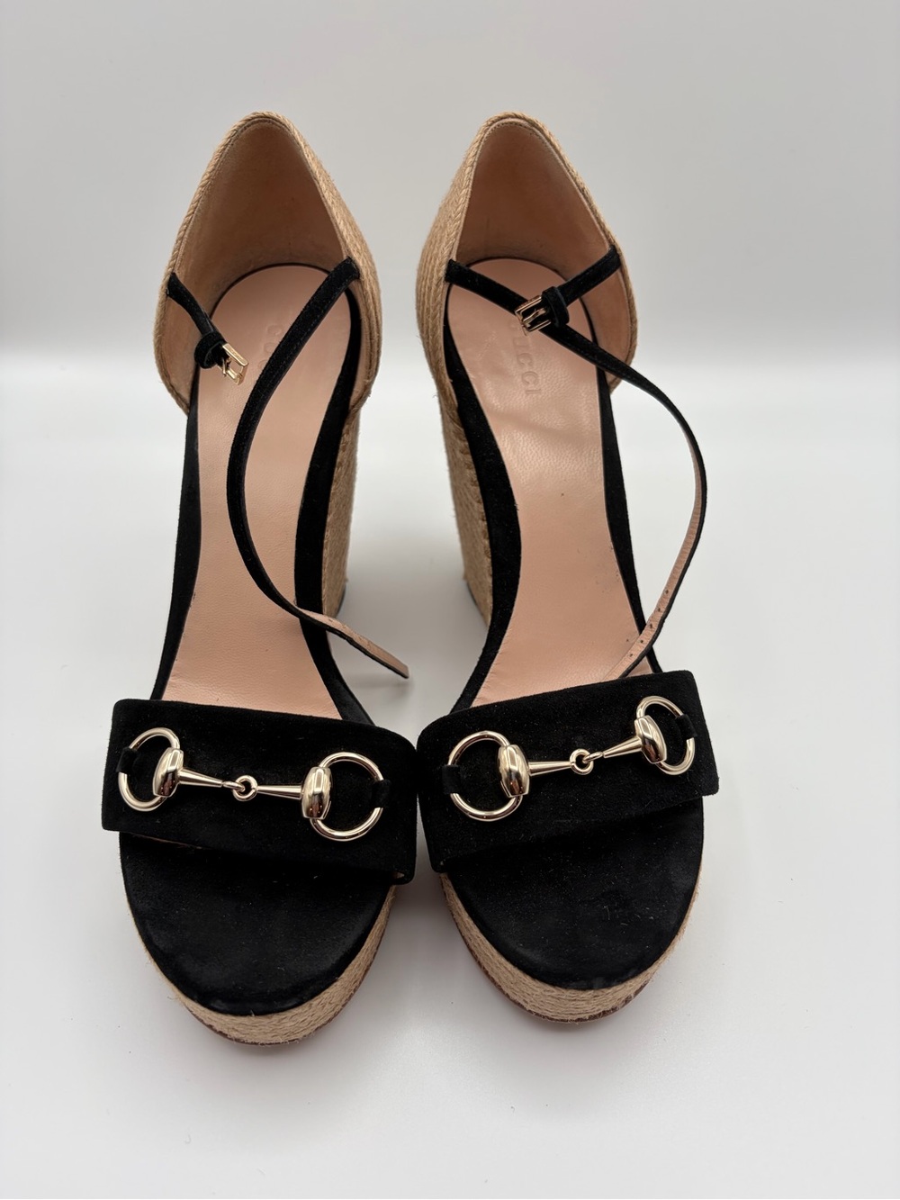Gucci Horsebit Kid Suede Espadrille Wedge Sandals Black Size 40 - Picture 8 of 9